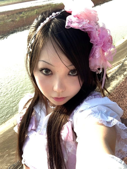 Lace Floral Hairband Decorated Trim Beaded Design Pink