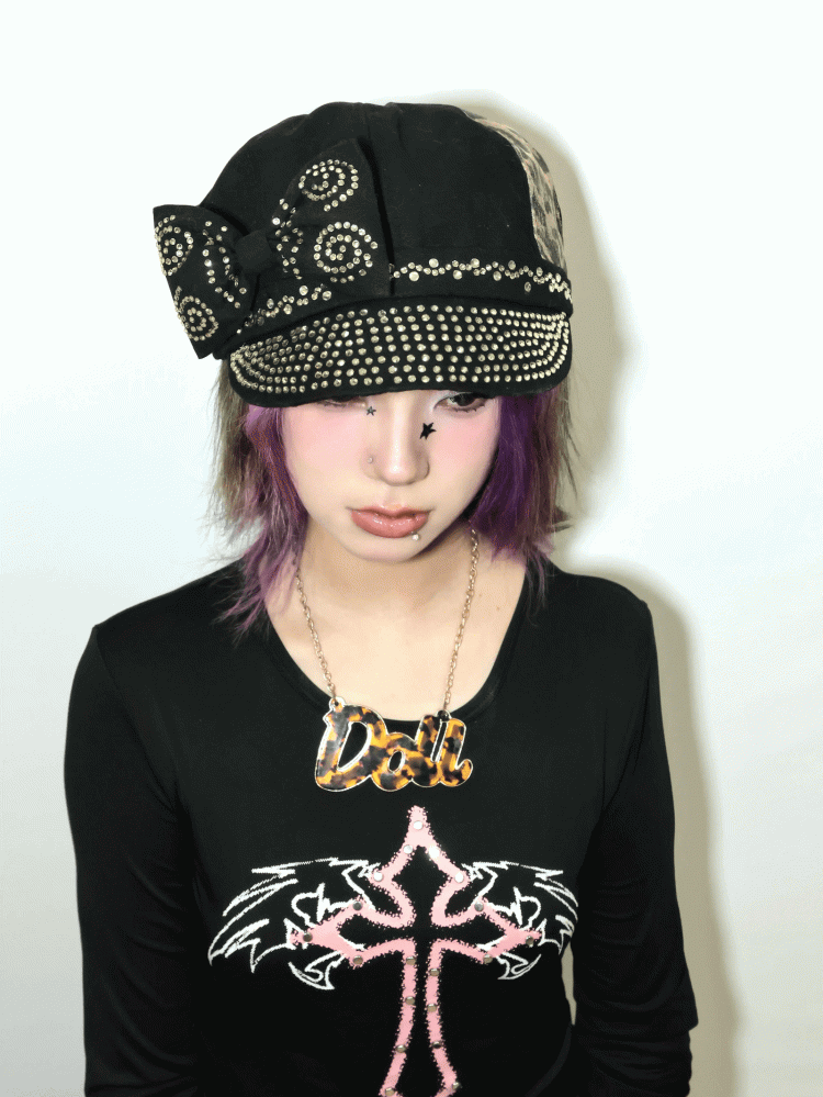 Béret Gyaru Fashion Y2K noir léopard avec gros nœud et strass