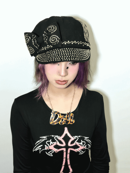 Béret Gyaru Fashion Y2K noir léopard avec gros nœud et strass