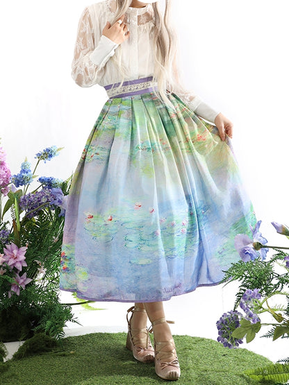 and Water Purple Lily Oil Painting Print Gray Waist Skirt Version Long/Short High