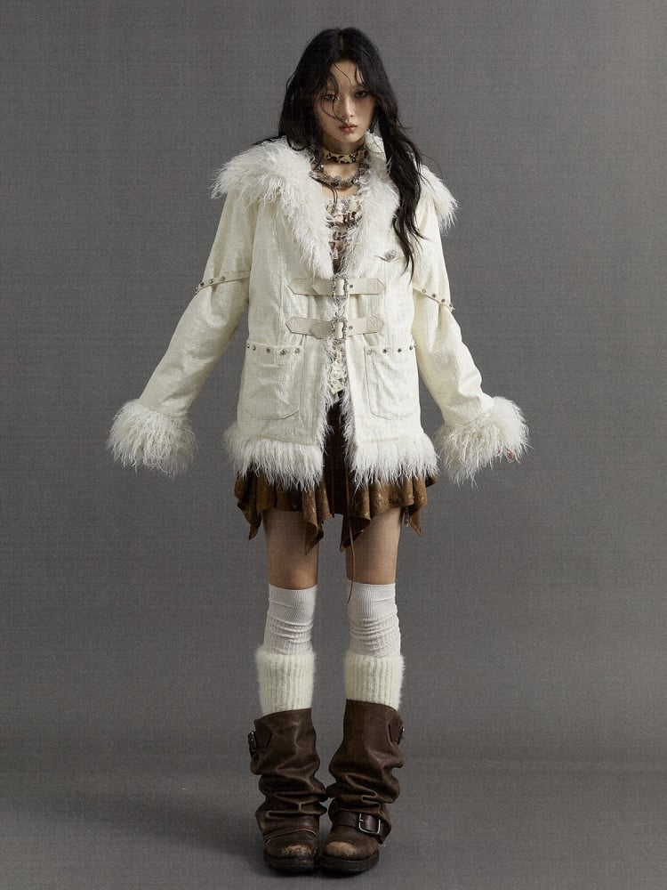 Silver Buckles and Studs Milk White Punk Loose Winter Coat