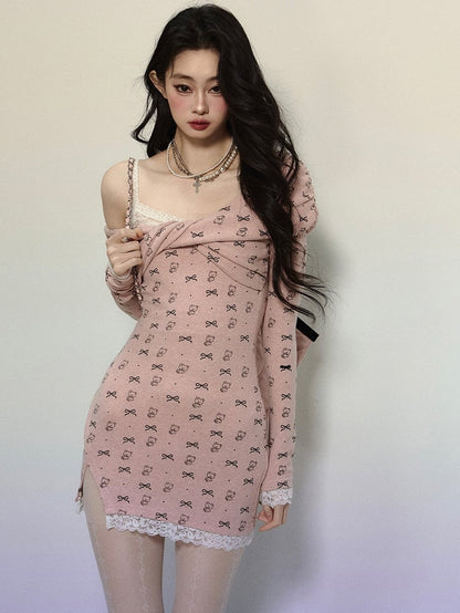 Pink Bowknots and Bears Side Slit Skirt Asymmetrical Neckline Mini Dress