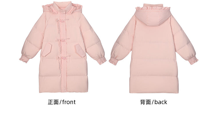 Pink Hooded Down Bowknot Horn Shaped Button Coat