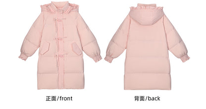 Pink Hooded Down Bowknot Horn Shaped Button Coat