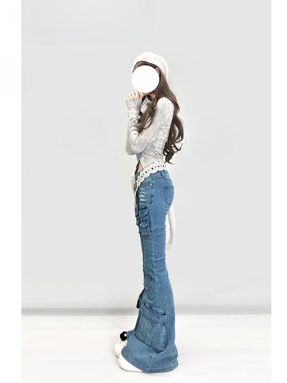 Y2K Vintage Light Blue Low Waist Flared Denim Glamorous Jeans with Cargo Pockets