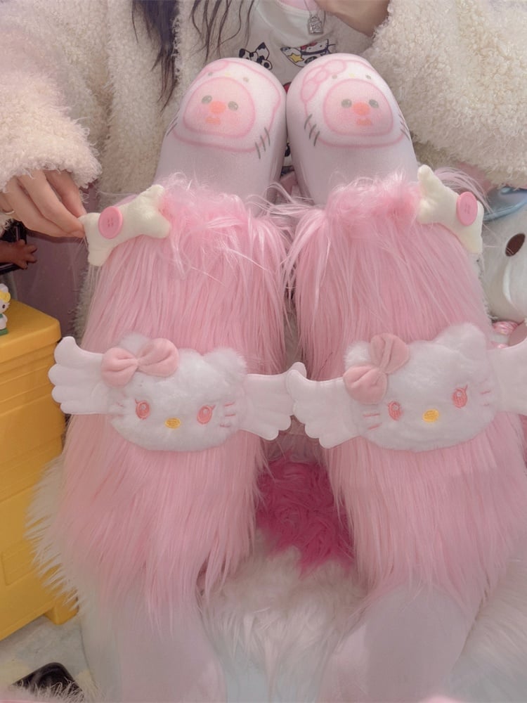 Jambières chaudes à poils longs décorées de peluches roses et d'os