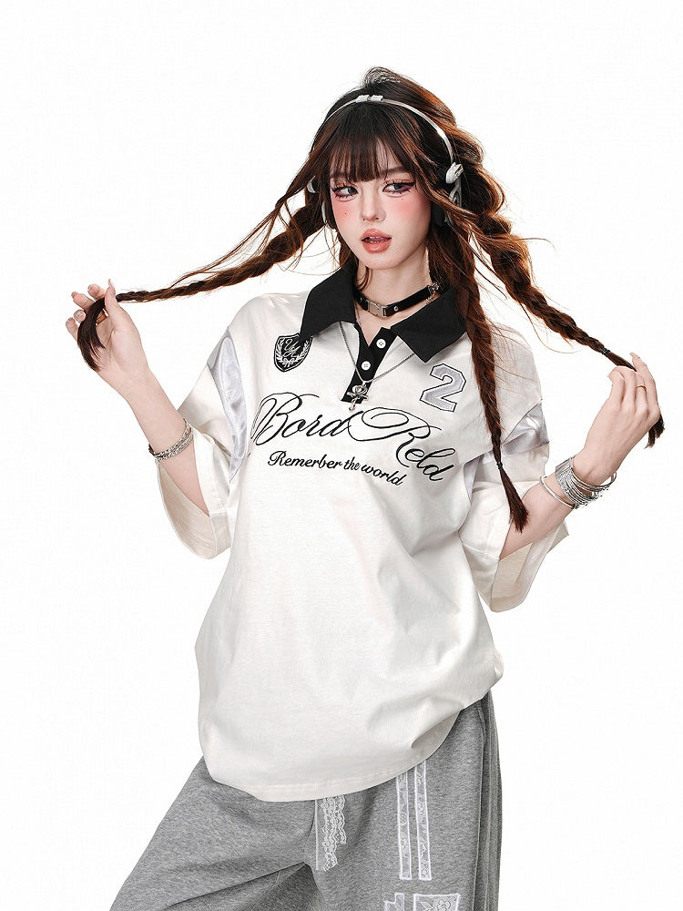 Black/White Polo Collar Preppy Style Sports T-Shirt