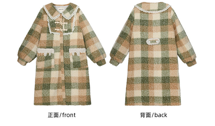 Green Polo Collar Lace Trim Plaid Fleece Coat