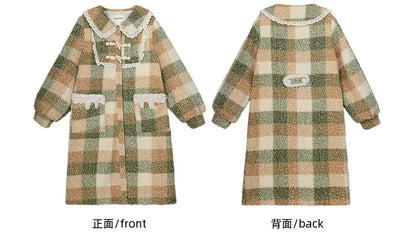 Green Polo Collar Lace Trim Plaid Fleece Coat