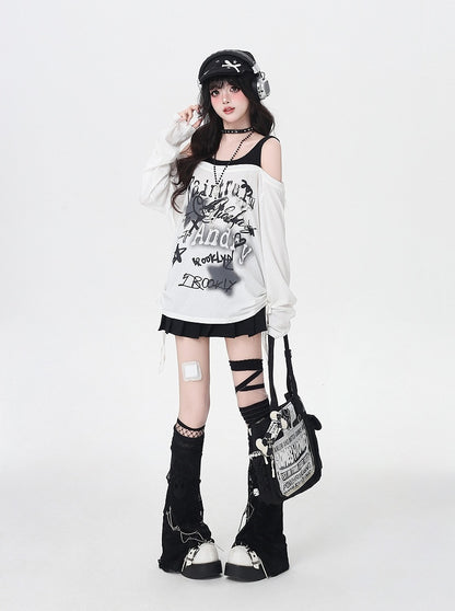 Star Y2K Print Open Shoulder Black/White Top Faux Two-pieces
