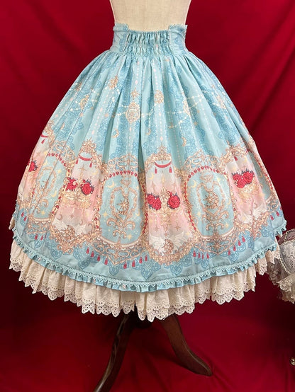 Blauer eleganter Lolita-Rock mit Korsettgürtel und hoher Taille und Blumen- und Mond-Print