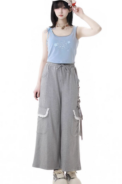 One-shoulder top + pants lace-up camisole