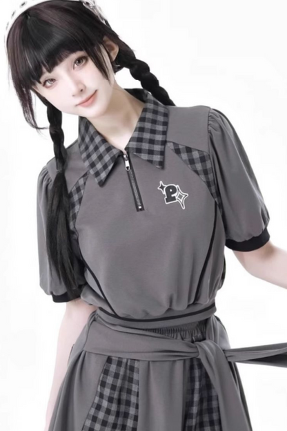 Mode Top Check Pants Skirt Casual Wide +