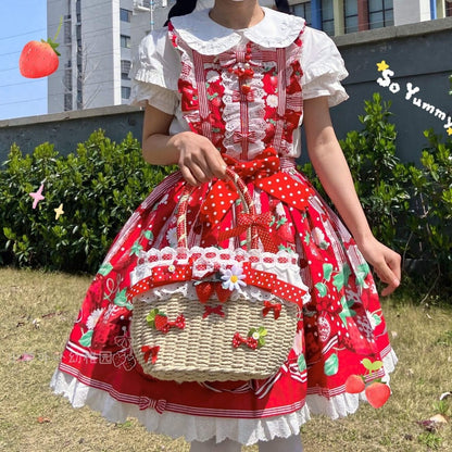 Crochet Bag Red Strawberry and Bowknot Decorative Tote Bag