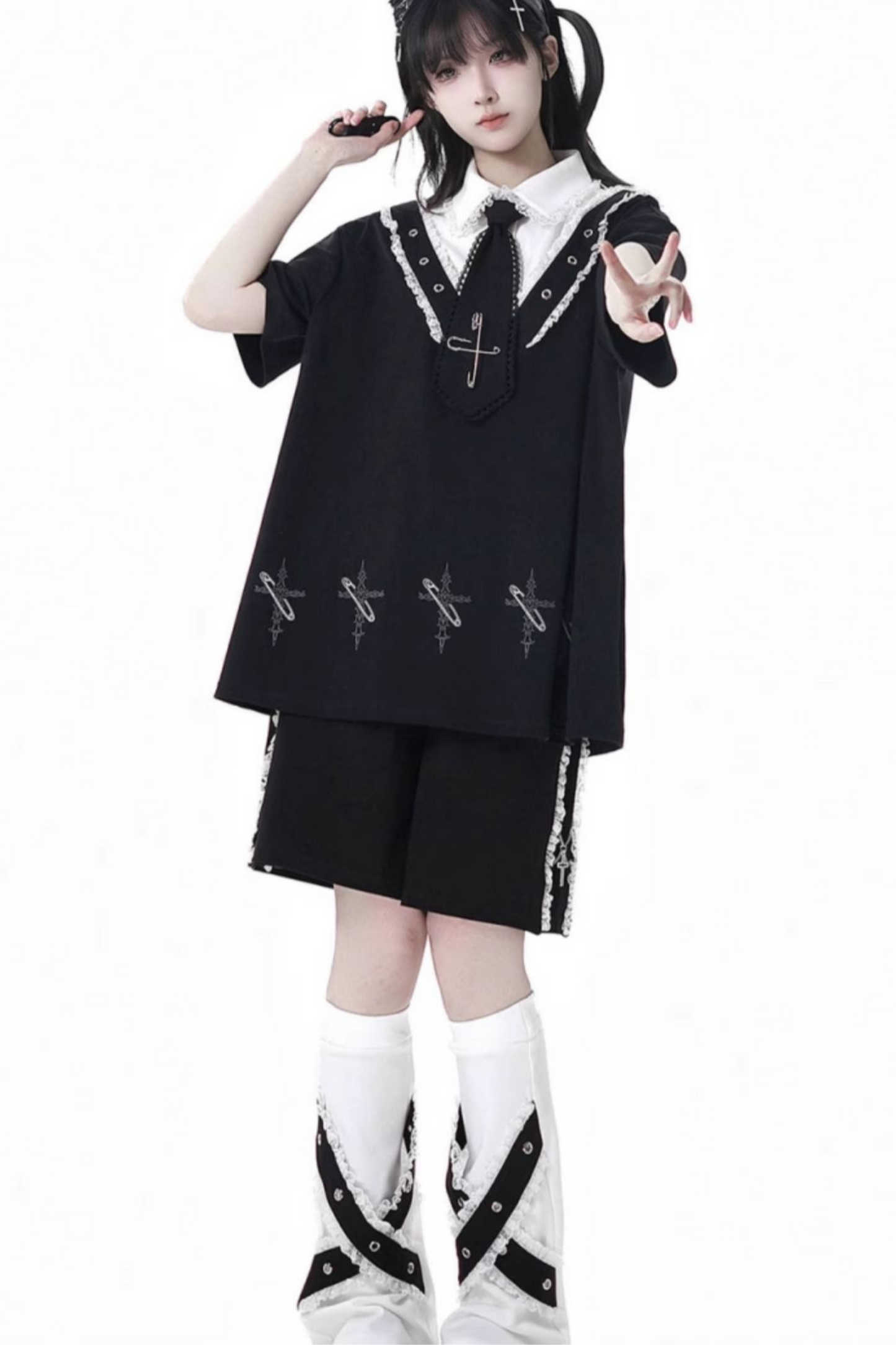 Loose Pants Top Frilled Hooded + Warmers Leg Half Dress Nektor