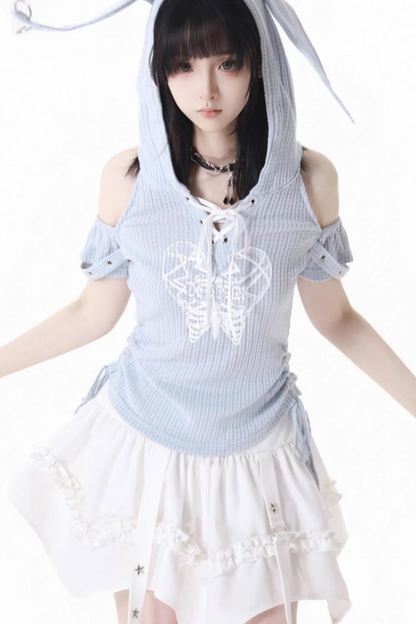 off-the-shoulder cake top + Rabbit hooded skirt