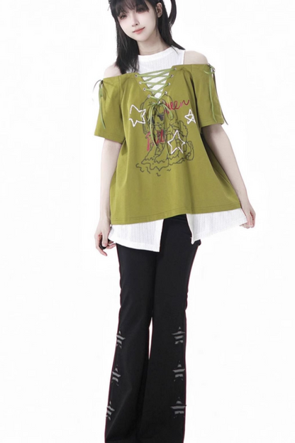 Lace-Up Flared Pants Illustrated Top Subculture + Girl