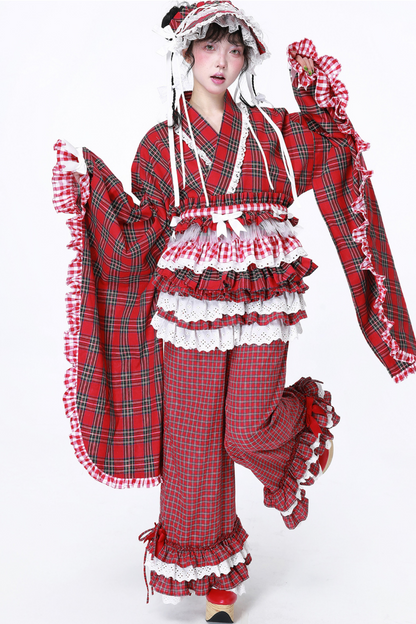 Long Lace Pants Retro Ruffle Check