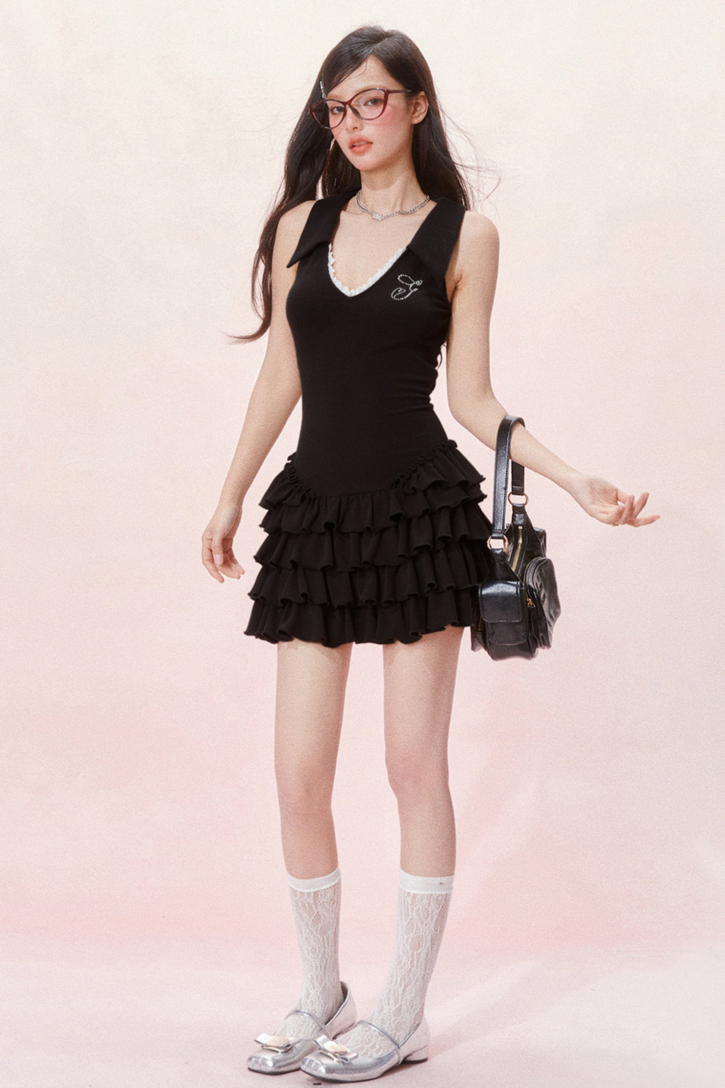 Slim Cake Dress Fit Sleeveless Chic Ruffle V-Neck