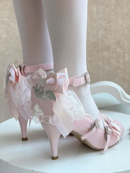 Light Elegant with PU Pink Bows High Leather Lolita Heels