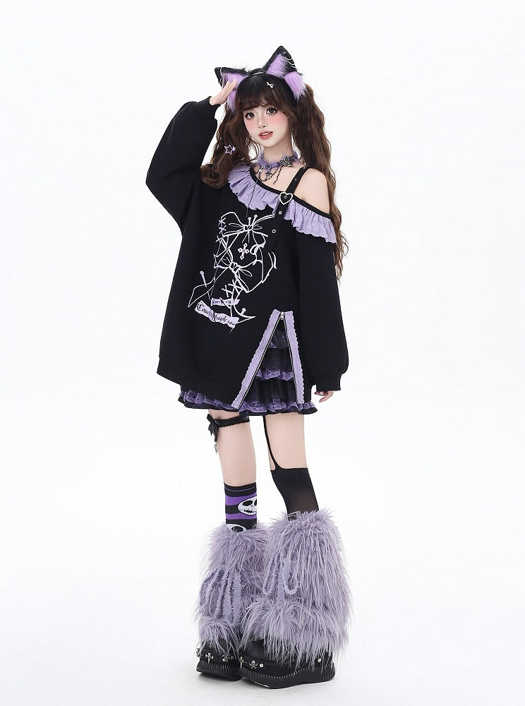 Black Asymmetrical Neckline Ruffled Purple Lace Trim Side Slit Sweatshirt