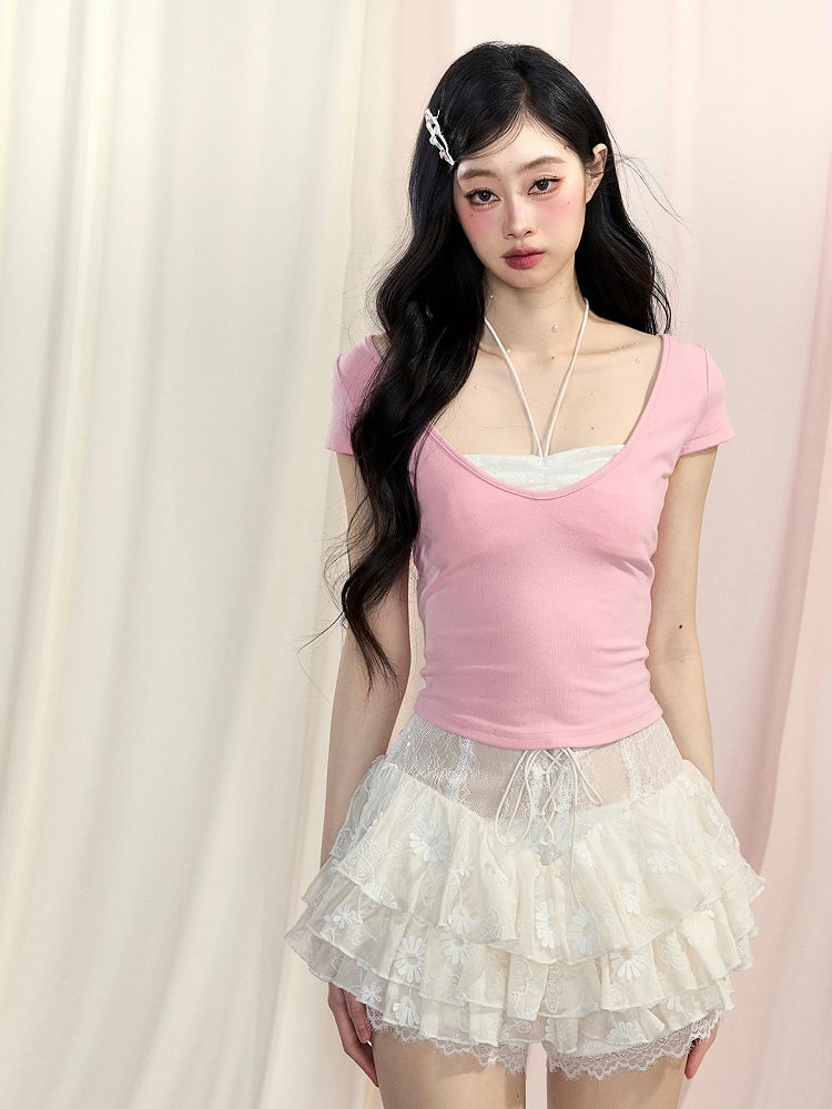 Backless T-Shirt Red/Yellow/Pink Glamorous Faux Two-Piece