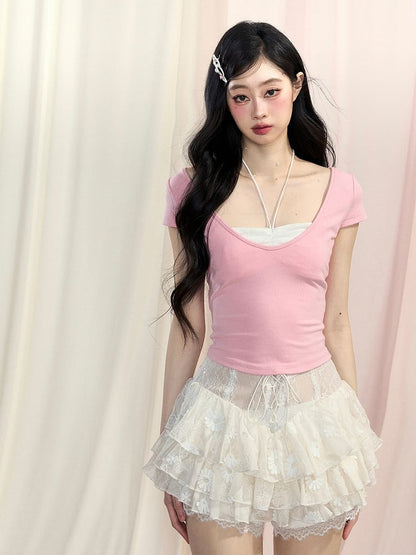Backless T-Shirt Red/Yellow/Pink Glamorous Faux Two-Piece