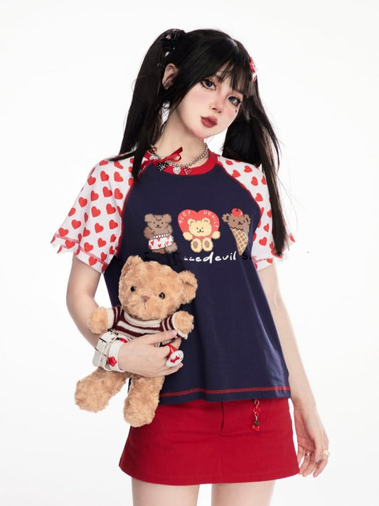 Pattern Navy Blue Colorblock Design Teddy Bear Print T-Shirt Heart