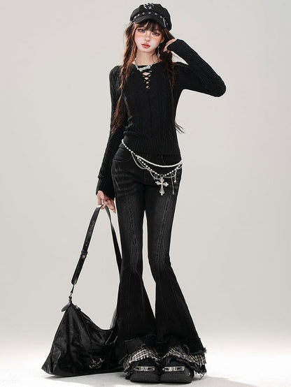 Grey Cutout Detail Round Neck Slim-fit Sweater