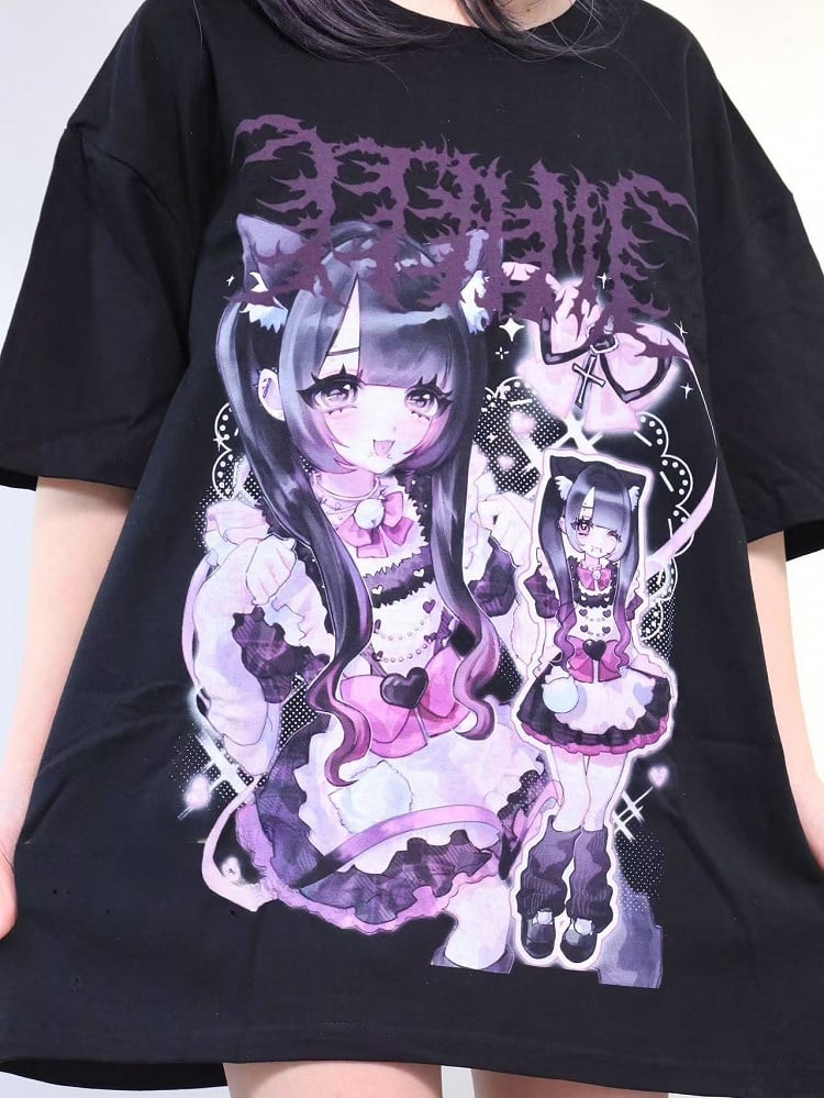Jirai Oversized Kei Print Girl Black Neck T-shirt Round Cartoon