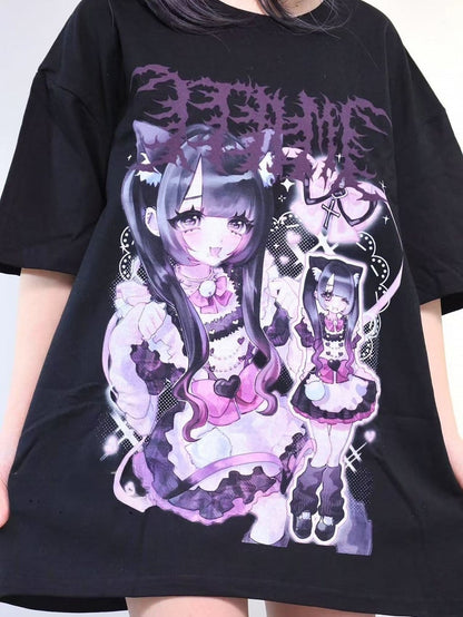 Jirai Oversized Kei Print Girl Black Neck T-shirt Round Cartoon