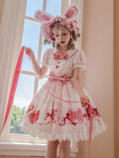 Short Bows Pink Piece One Sweet Dress and Sleeves Print Lolita Bunny
