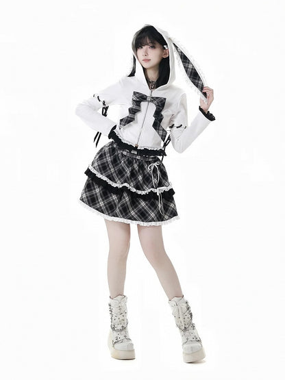 Lace-up Lace Trim Bunny Ears White/Black Design Hood Zip Closure Hoodie Sleeves Detachable