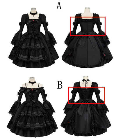 Kuro Sleeves Cape Drawstring Dress Layered Bell Gothic Skirt Lolita + Black