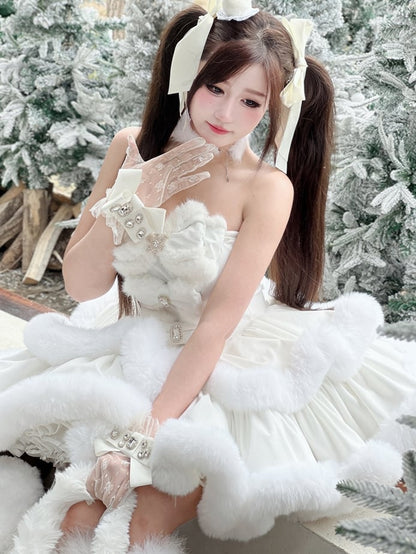 White Snowflake Bows Bodice Plush Trimming Strapless Dress