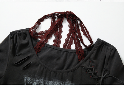 Grey&Red Halter Neck Top with Lace-up and Distressed Hole