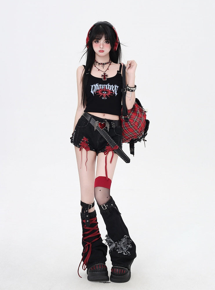 Lace-up Details with Red Leg Black Warmers and Butterfly Hem Denim Shorts Applique