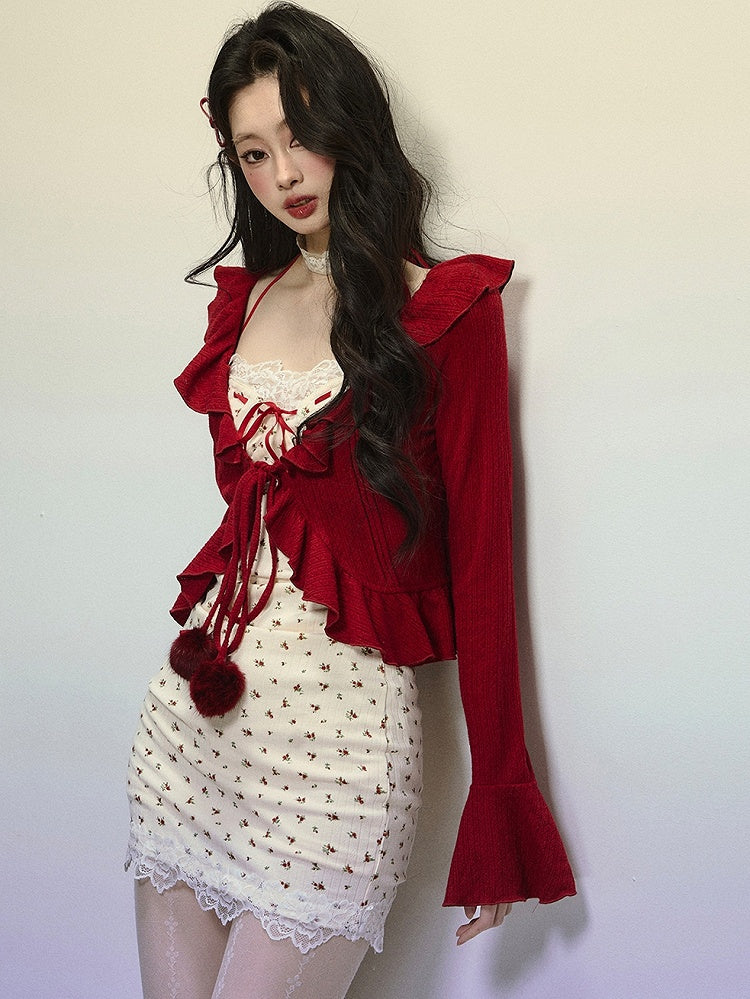 Red Self-tie Straps Bell Sleeves Cardigan with Ruffle Trim