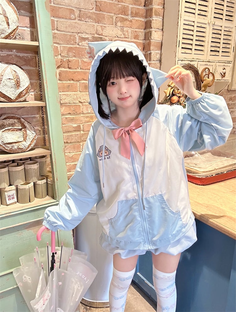 Jacket Shark Design Hood Blue and White Colorblock Design Windbreaker
