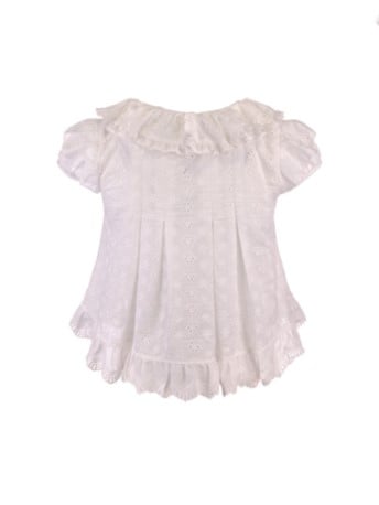 Bluse mit besticktem Besatz, weiße Dollcore-Blumenschleife mit Rüschen