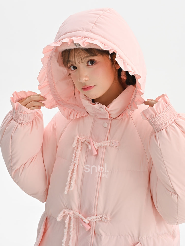 Pink Hooded Down Bowknot Horn Shaped Button Coat
