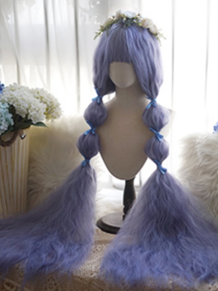 Purple Long Curly Wig With Full Bangs