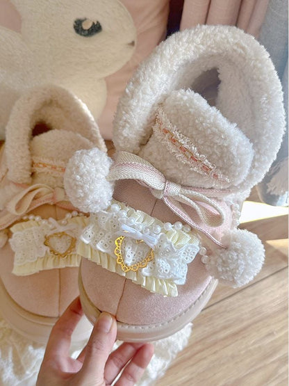 Beige&Pink Pompons Plush Platform Ugg Boots with Beaded Chain
