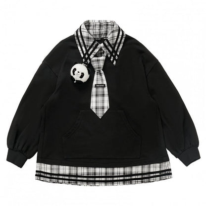 Panda Toy Sweatshirt Black Splicing Plush Plaid with