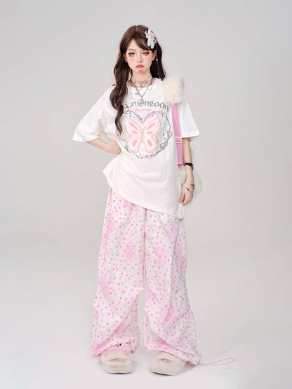 White Oversized Plush Large with Tee print Lettering Butterfly Embroidery