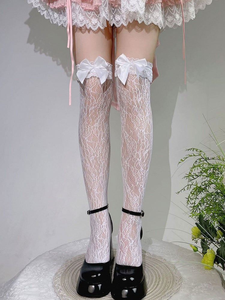 Bas Lolita au-dessus du genou avec bordure en dentelle et nœud blanc