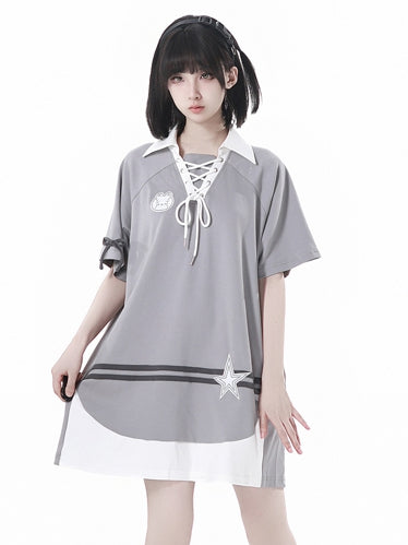 Neckline Star Loose Gray Lace-up Bunny Applique and Dress