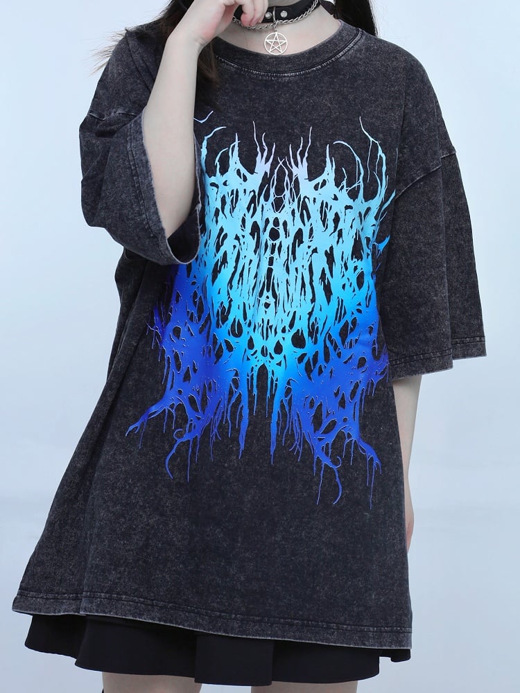 Schwarzer Hals, verblasste Waschung, Jirai, rundes T-Shirt, Design Kei
