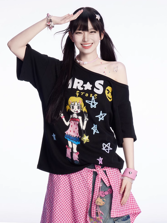 Print Black/White Asymmetrical Neckline Vintage Cartoon T-shirt