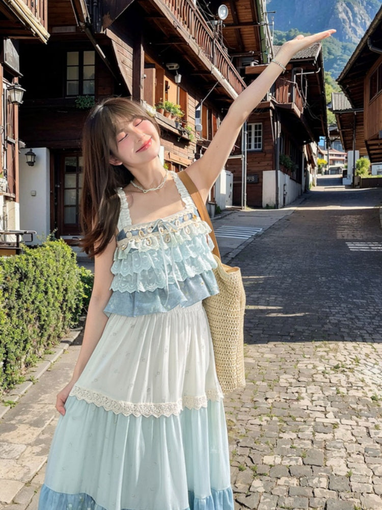 Dye Tie Blue Skirt Design Tassel Hem Shell Charm Patchwork Trim Lace